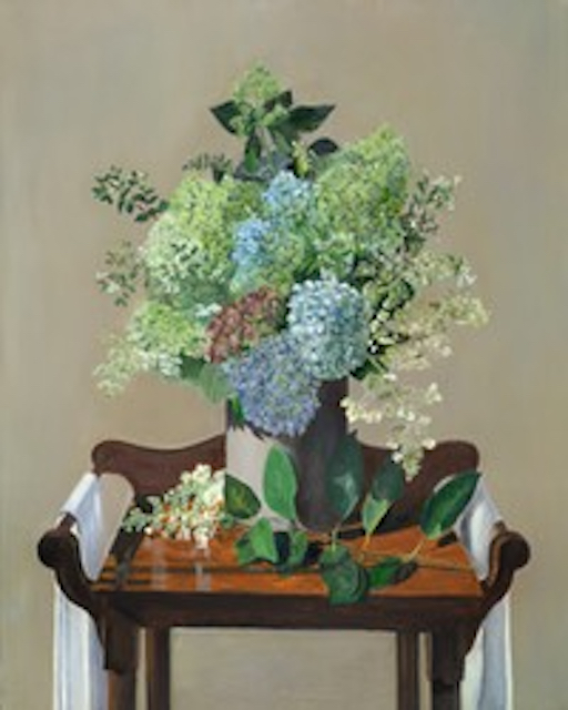 Painting of hydrangeas on night stand, with light streaming in