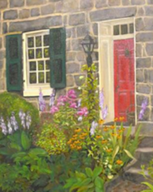 Painting of stone townhouse with red door and perennial garden in Ellicott City, Maryland